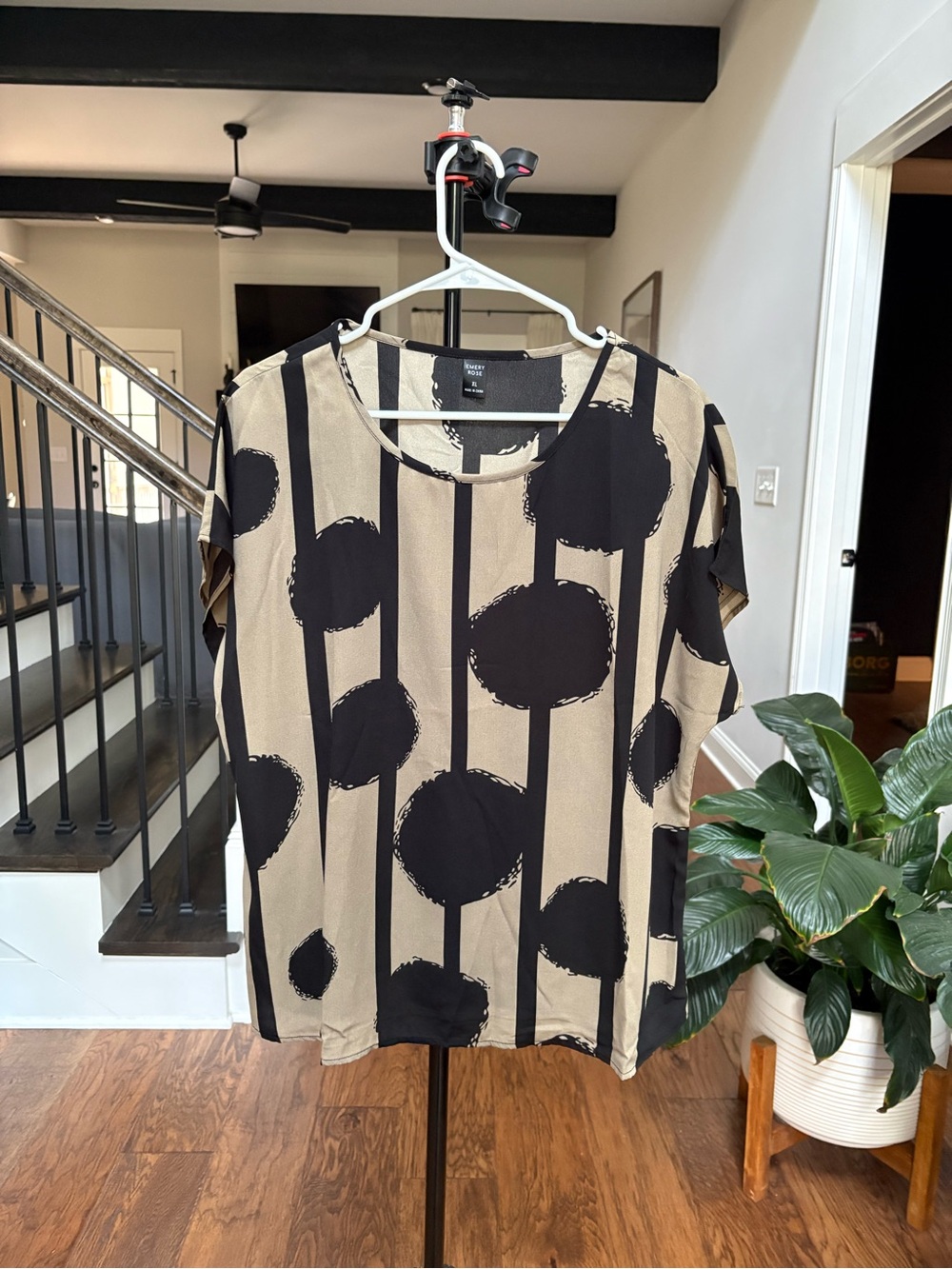 Relaxed Short-Sleeve Tee by Alfani in Beige and Black Dot Stripe